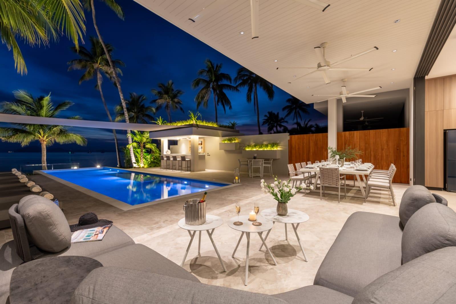 Luxury villa terrace at dusk, Thailand